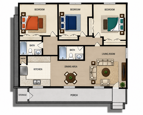 Floor plan for 3 beds, 2 baths, 1350 sqft